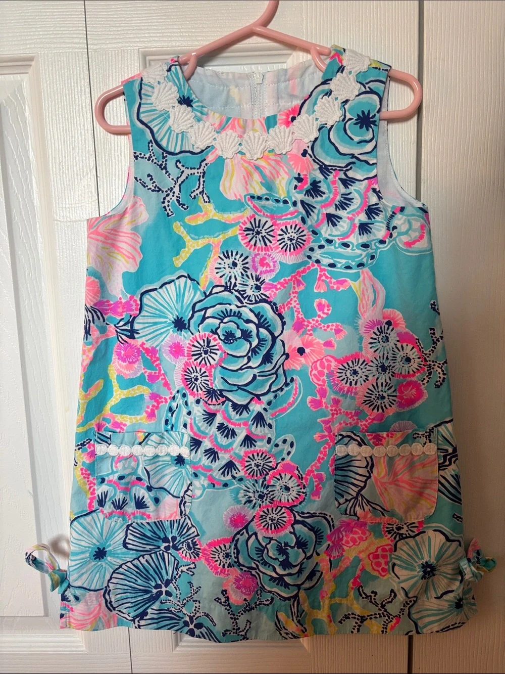 Lilly Pulitzer Girls Aqua Floral Shift Dress with Pink & Yellow Accents